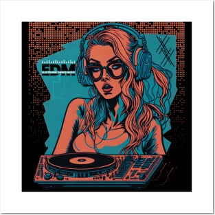 EDM DJ Girl! Blue/Orange Posters and Art